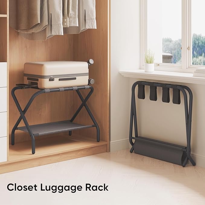 Set of 2 Luggage Rack for Guest Room, Folding Suitcase Stand with Shoe Shelf, Steel Portable Luggage Stand Bedroom, Hotel, Easy Assembly, Hold up to 110 lb, Black