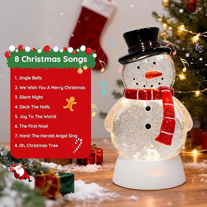 Christmas Snow Globe Snowman Lighted Musical Glitter Globe Battery Operated or USB Powered with Timer Water Glittering Snowing Globe for Christmas Party Home Table Decorations Gifts (Snowman)