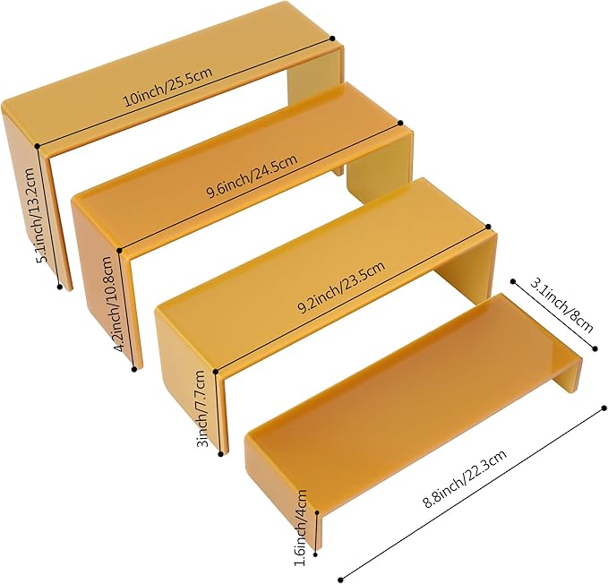 ELEGANTLIFE Acrylic Display Risers Set of 4, 4-Level Tiered Display Stands for Cupcakes, Small Figures & Jewelry, Compact Countertop Display Shelf, Multiple Colors Available (Gold)