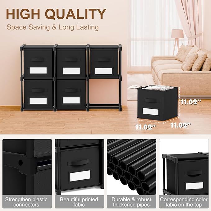 Geelin 6 Cube Storage Organizer with Fabric Bins and Labels 11 Inch, Fabric Collapsible Cubby Clothes Storage Drawer Dresser for Bedroom Living Room Office Organization