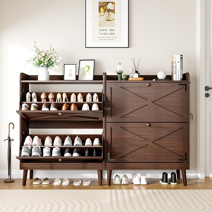 Shoe Storage Cabinet with 2 Flip Drawers, Entryway Shoe Cabinet with 2 Metal Hooks & Adjustable Shelves Freestanding Shoe Organizer Narrow Shoe Rack for Entrance Hallway Foyer Front Door,Rustic Brown