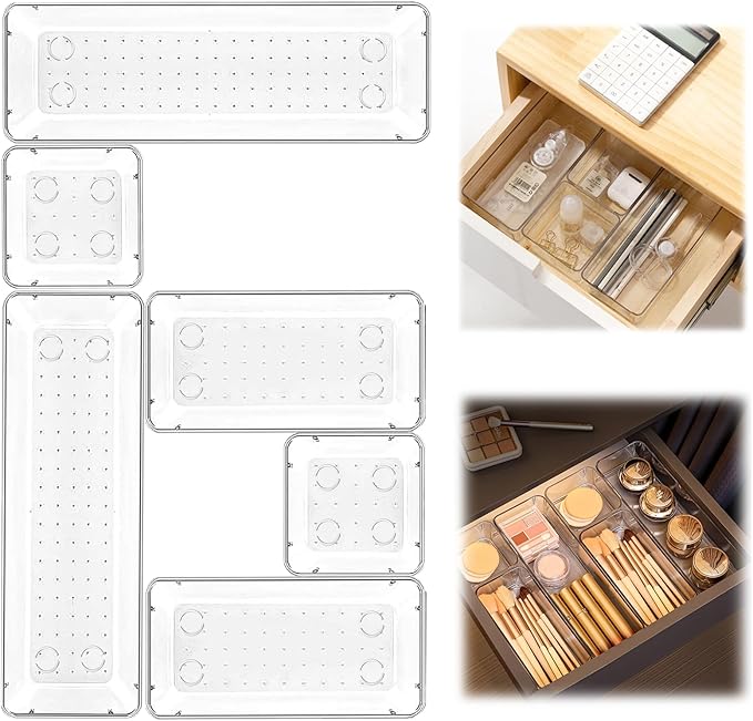 6 Pack Clear Drawer Organizer Set,Versatile Bathroom and Vanity Organizer Trays,Acrylic Drawer Storage Trays,Storage Bins for Makeup Jewelries,Cosmetics,Gadgets,Kitchen Utensils and Office