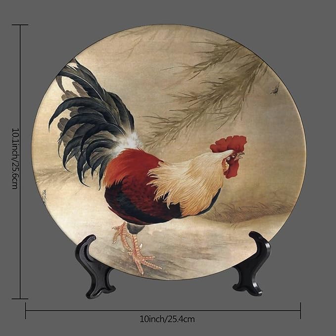 Rooster Decorative Plate Holder, 10 Inch, Rooster In The Reeds Round Display Plate, Table Top Plate Decor with Stand, for Home Kitchen Bedroom Decorative Ornaments