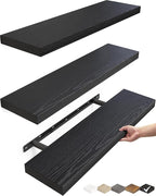 BAYKA Floating Shelves for Wall, Set of 3, 22.5 Inches Wall Mounted Rustic Wood Shelves for Bathroom, Bedroom, Living Room or Kitchen Decor, Storage for Books, Lego, Plants, Daily Necessities, Black