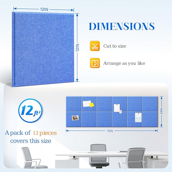 DOLLAR BOSS Large Cork Board for Wall 48" x 36" x 0.5" Bulletin Board 12 Packs Corkboard Tiles Self Adhesive Felt Wall Tiles for Office Home School, Blue