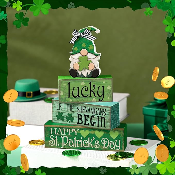 Moucuny 4 Pcs St. Patrick's Day Table Decoration Irish Tiered Tray Decor Wooden Gnome Shamrocks Block Signs Happy St. Patrick's Day Centerpiece for Tables Irish Wooden Sign for Home Decor