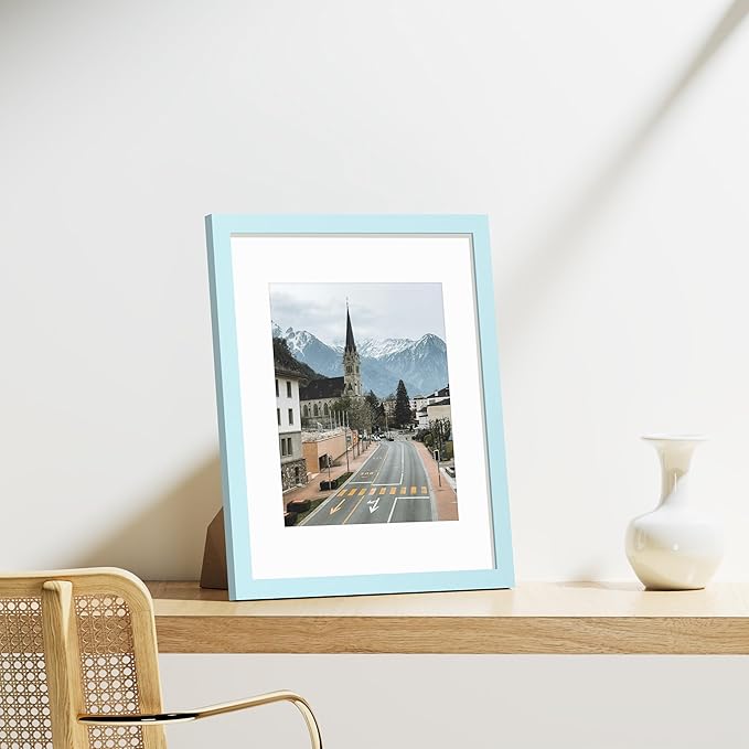 Vittanly 11x14 Picture Frames Set of 9, Shatter Resistant Plexiglass, Display 8x10 Pictures with Mat or 11x14 without Mat, Photo Frames for Wall or Tabletop, Engineered Wood, Light Blue