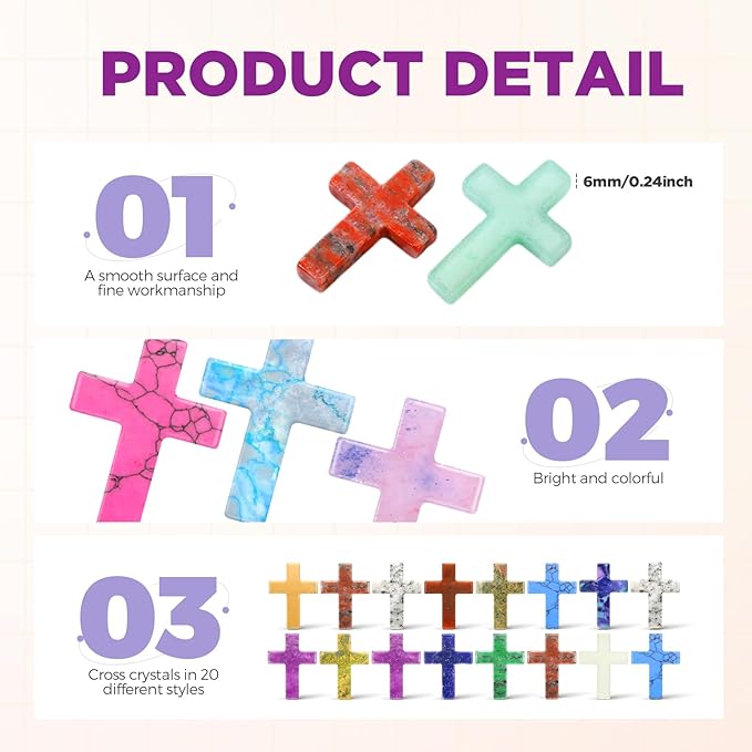Nuenen 50 Pcs Cross Charm for Women Man Celebration Grad Decor Crystal Pocket Cross Necklace Natural Worry Stone Gift for Jewelry Making Craft Festival Decor(1.77 x 1.38 x 0.24 Inch,Cute)