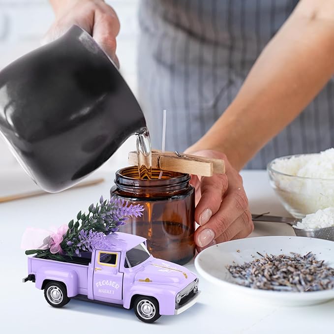 Lavender Metal Truck with Lavender Bouquet Farmhouse Vintage Mini Metal Truck Pickup Farm Tiered Tray Decor for Farmhouse Country Home Elegant Purple Pickup Table Decorations