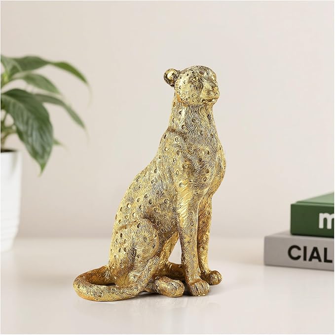 Cheetah Statue for Home Decor, 8" Resin Sitting Leopard Sculpture, Gold Desktop Decoration for Living Room, Dining Room, Office,Shelves, Tv Stand, Coffee Table or Entry Way