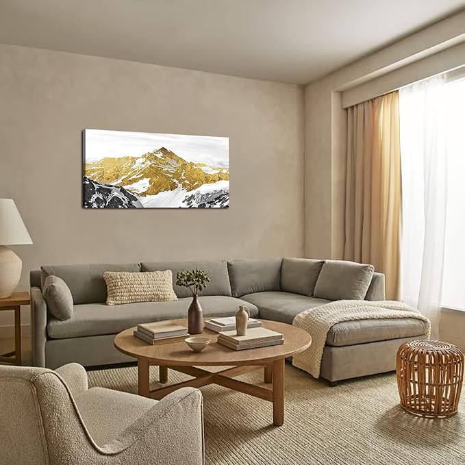 Golden Mountain Canvas Wall Art for Living Room Snowy Mountains Hill Landscape Wall Decor Abstract Black and Gold Mountain Scenery Print Picture Large Artwork for Bedroom Office Home Decoration 20x40"