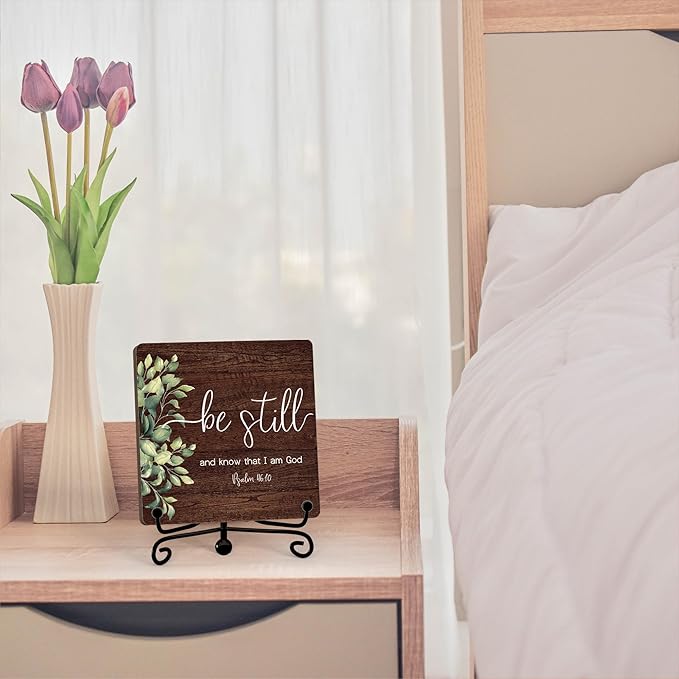 Inspirational Christian Desk Decor, Be Still And Know That I Am God Rutsic Sign, Desk Decorations For Office Home Living Room Bathroom, Eucalyptus Shelf Decor, Wooden Plaque With Stand (05)