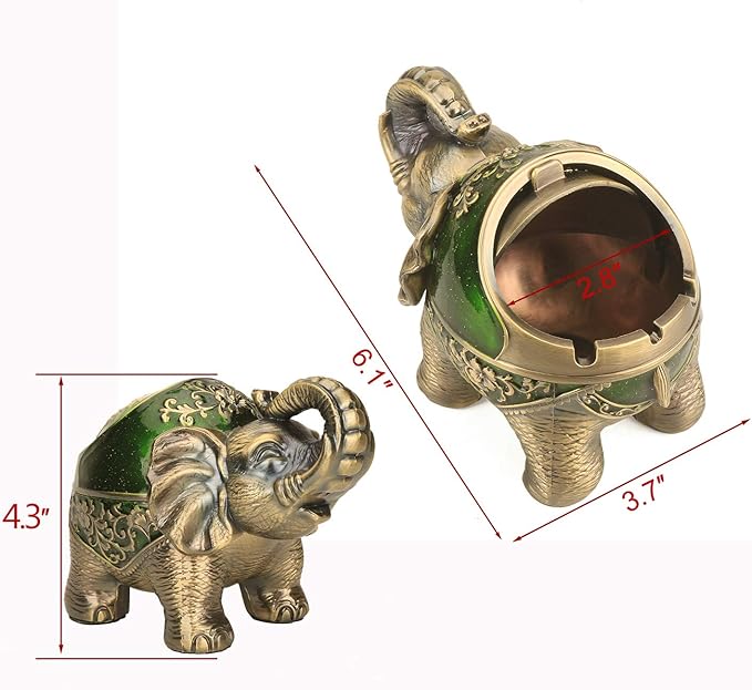 LAUYOO Elephant Decorative Ashtray with Lid for Cigarettes Metal Smoking Ash tray Ashtrays for Smoker Windproof Cigarette ashtrays for Outdoor Indoor Fancy Gift for Men Women Weed Smokers (Dark Green)