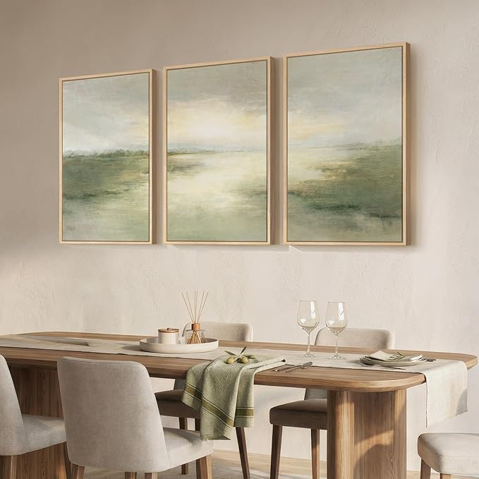 Large Framed Sage Green Abstract Landscape Wall Art for Living Room, 3 Piece Modern Canvas Prints Paintings Artwork for Walls, Nature Rustic Pictures Wall Decor for Bedroom Farmhouse Office 24x36 In