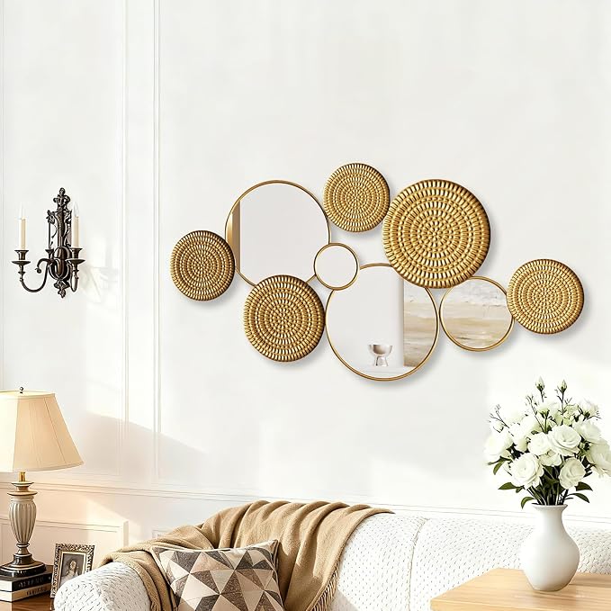 Gold Mirrors Wall Decor Metal Round Home Art Decor Decorative Modern Circle Mirror Wall Art Sculpture Hanging Decorations for Home Living Room Office