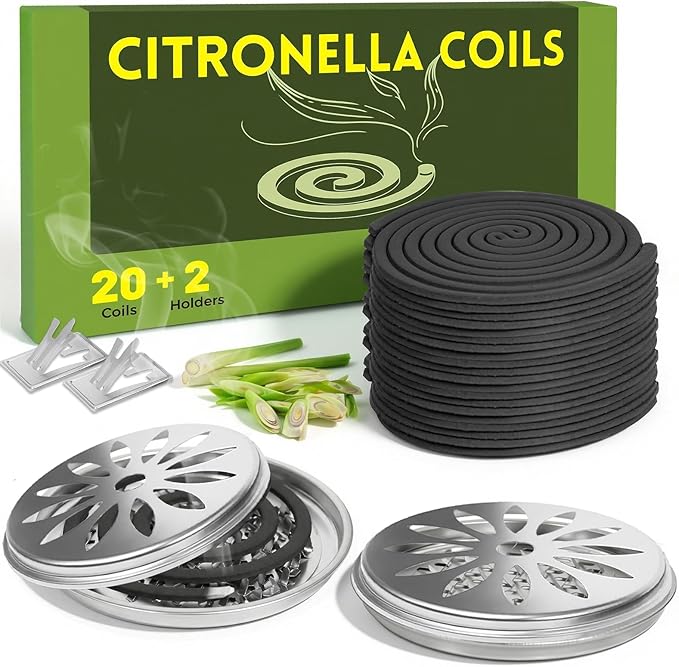 FIRIK Citronella Coils Outdoor, 20 PCS Citronella Incense Coil with 2 Incense Burner and 2 Coil Holders, Natural Lemongrass Coils for Patio Camping Farms Courtyards Backyard Garden BBQ Indoor, Black