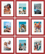 Vittanly 8x10 Picture Frames Set of 9, Shatter Resistant Plexiglass, Display 5x7 Pictures with Mat or 8x10 without Mat, Photo Frames for Wall or Tabletop, Engineered Wood, Red