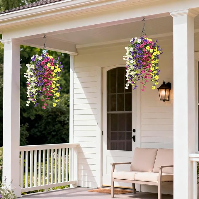 Homsunny Artificial Fake Hanging Flowers Plants Baskets for Outdoor Spring Decoration, Faux Morning Glory Silk Flower for Outside Realise UV Resistant Patio Yard Balcony Porch Home Decor (Mixed 2)