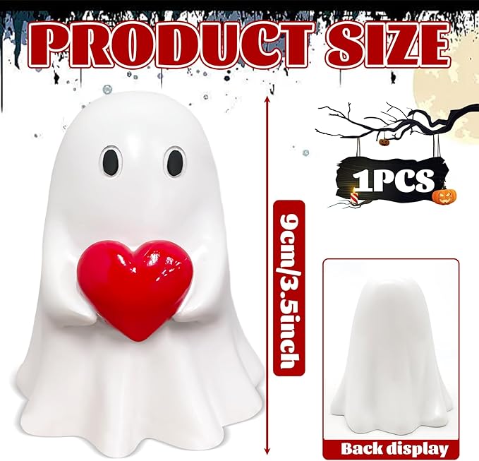 Valentines Ghost Figurine - 3.5 in Spooky Resin Ghost Statue, Funny Cute Red Heart Ghost Valentines Decor for Valentines Day Decoration for Home, Best Valentines Day Gifts for Him Her