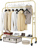 SUOERNUO Garment Rack with Wheels Clothing Rack for Hanging Clothes Multi-functional Bedroom Clothes Rack，Gold+Double Rods