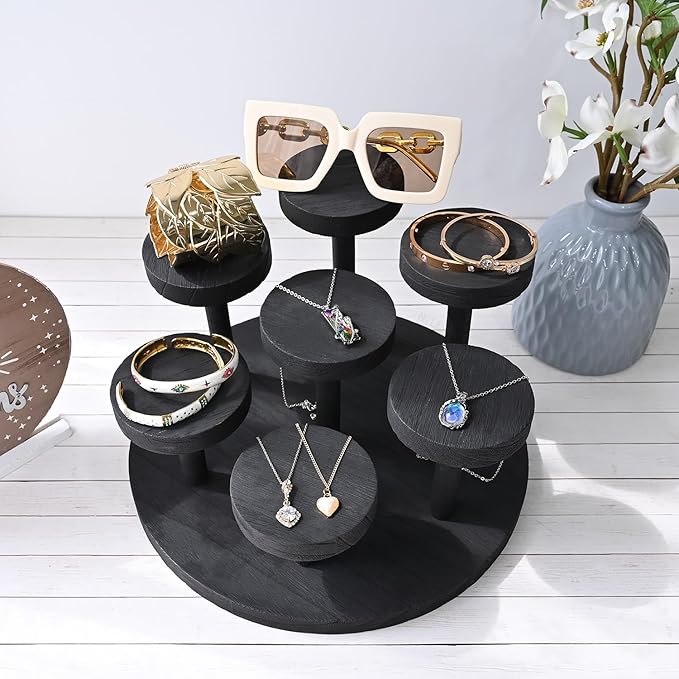 Ikee Design 7-Tier Wooden Display Riser for Jewelry, Accessories, and Collectibles items Wooden Jewelry and Figurine Display Risers, Multilevel Stand for Action Figures and Home Decor, Black Color