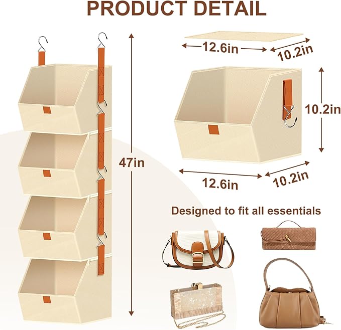 4-Tier Hanging Closet Organizer and Storage with Detachable Bins, Fabric Hanging Shelves for Closet, Dorm, Rv, Space-Saving Collapsible Basket for Handbags, Clothes (47” H)