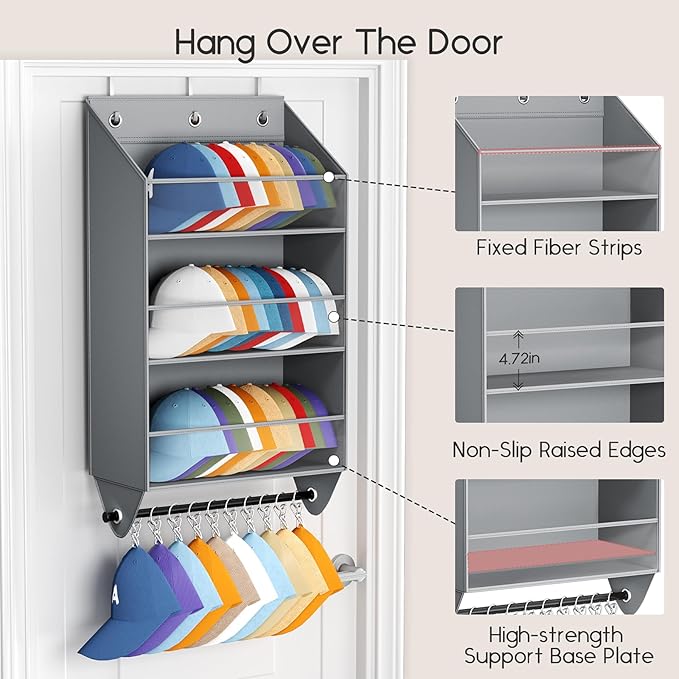 Over the Door Hat Rack - 3-Layer Design Hat Organizer Holds 30-36 Hats with 10 Hooks, Ideal Hat Rack for Door, Over the Door Organizer for Closet, Apartment, Bedroom, Dorm, 1 Pack, Grey