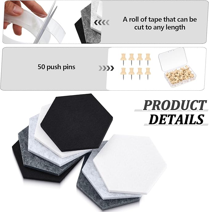 Mindsoft 16 Pcs Hexagon Cork Board for Walls with 50 Wooden Push Pins 6.7 x 5.9 in Felt DIY Tiles Notice with Nano Tape Hanging Bulletin Board for Home Photo Office Memo Note(Grey)