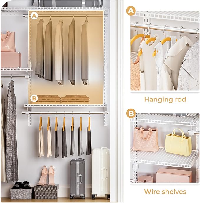 Wire Closet Organizer System, Wall Mounted 4.4 Ft. Custom Closet Kit for Bedrooms Laundry Mudroom Garage Basement, Adjustable Storage Shelves for Clothes Shoes Handbags