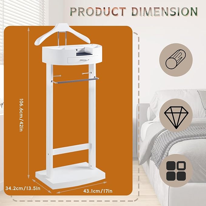 Wood Valet Stand with Drawers, White Men's Valet Stand with Sturdy Base, Suit Valet Stand, Load Capacity 50kg, for Entryway, Bedroom, Office, 17X13.5X42 in (White)