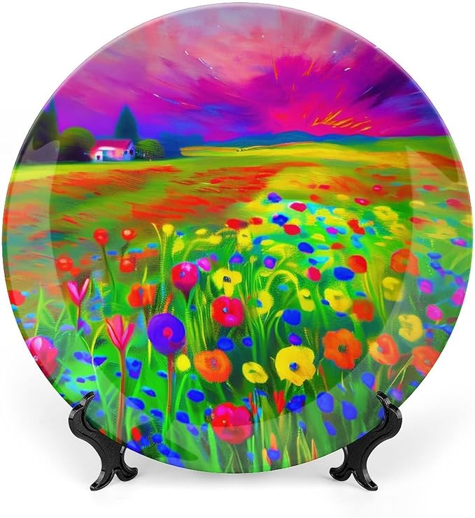 Decorative Plates, A Vibrant Wildflower Field Display Plate for Home Office Kitchen Table Decor Porcelain Plates 8 Inch, Birthday Gifts
