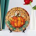 Fall Decorative Plates for Wall Hanging, Stained Glass Pumpkin & Leaves Ceramic Plate, Wobble-Plate with Display Stand, Home Decor for Kitchen Cabinets, Farmhouse Round Tray 10 Inch