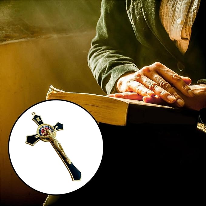 Bovemee Saint Benedict Benedictine Red Enamel 4.7X2.7 Inch Protection Wall Crucifix Cross Catholic San Benito Medalla Prayer Decoration (Black)