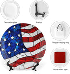 Stars and Stripes Theme Decorative Ceramic Plate Round Porcelain Plate,7 inch,American Stained Glass Pattern,for Decorative Ornaments Giving Plates,1 Plate with 1 Display Stand,Red Blue