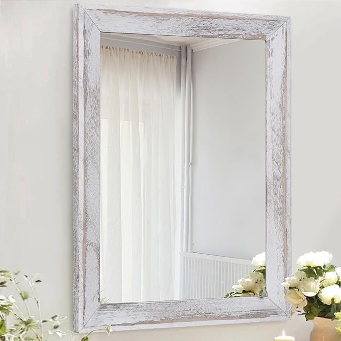 AAZZKANG Mirrors for Wall Rustic Wood Framed Hanging Mirror Decorative for Farmhouse Bedroom Bathroom Living Room Entryway Hallway Small White