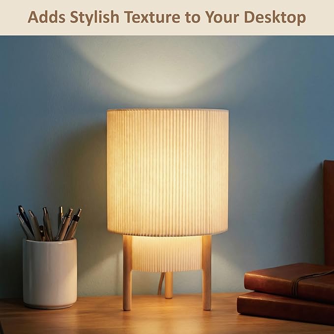 Buruis 2-Tier Table Lamp with Pleated Fabric Shade, Natural Rubber Wood Stand, UL Listed, 10'' Elegant Retro Mid-Century Bedside Lamp for Bedroom, Living Room, Bookshelf, Bulb Not Included, Beige