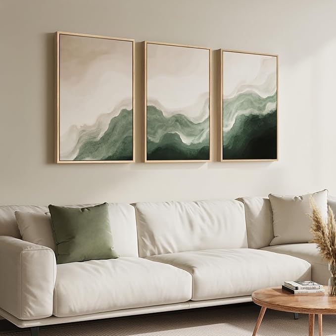 Framed Green and Beige Abstract Wall Art Set of 3, Modern Neutral Canvas Prints Paintings Artwork for Walls, Minimalist Abstract Pictures for Bedroom Dining Room Living Room Wall Decor 16x24 In