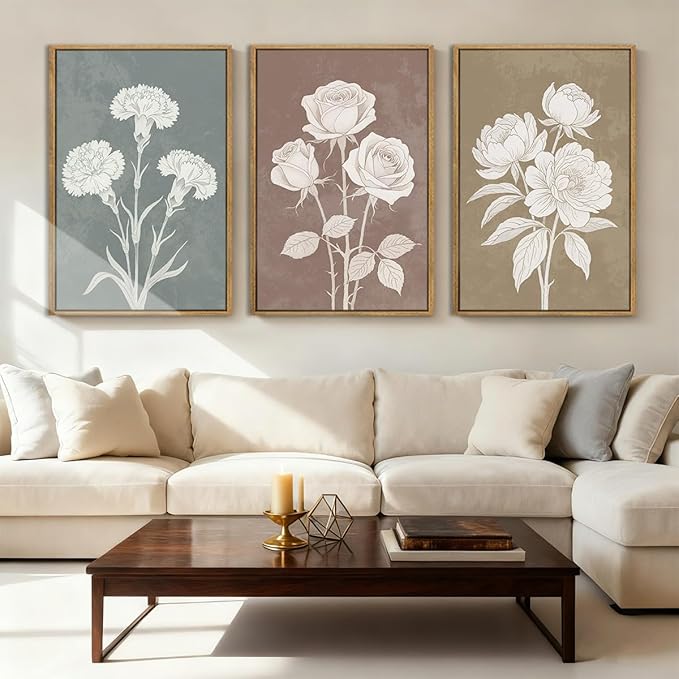 BINCUE Boho Floral Wall Painting Framed Botanical Wall Art Decor Flower Print Flower Artwork Floral Art Prints Flowers Pictures for Living Room Bedroom Dining Room Farmhouse 16x24 Inch Set of 3 Gift