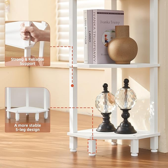 YUFAM 4-Tier Corner Shelf with Sturdy 5-Leg Base, Wooden Corner Bookshelf for Small Spaces, Corner Standing Shelf for Living Room, Bedroom, Office, White