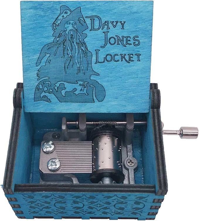 Davy Jones Locket Music Box Hand Crank Musical Box Carved Wooden,Play Davy Jone's Theme,Blue