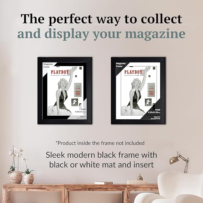Creative Picture Frames 8.25 x 11.50 Magazine Frame with Full-Strength Glass, Holds Up To A 1/4" Thick Media with Installed Hangers for Easy Mounting, 11x14 Black Frame with Black Mat