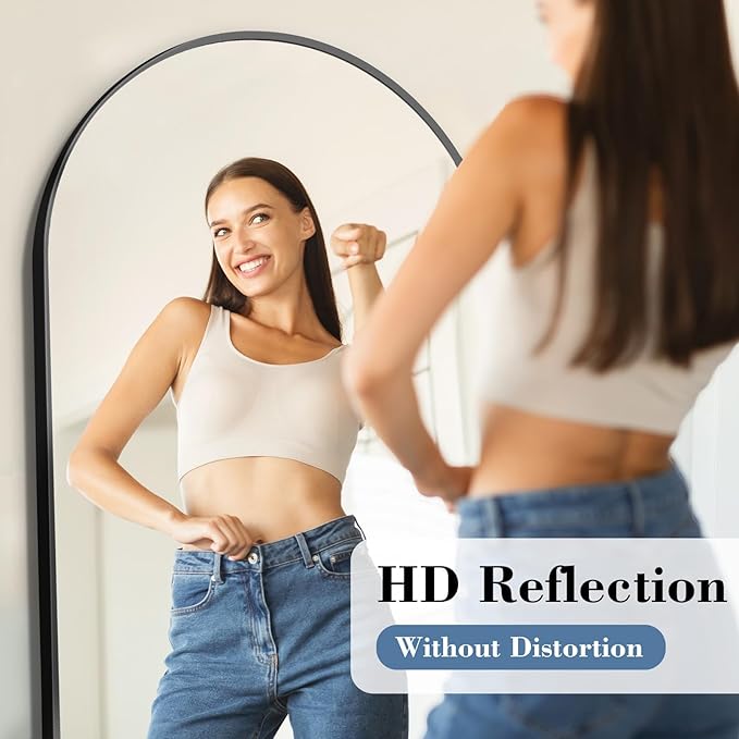 DUMOS 65"x24" Arched Full Length Mirror with Stand, Floor Standing Aluminum Frame, Shatter-Proof Nano Glass for Bedroom, Living Room, Cloakroom – Modern Simple Home Decor,Hanging or Leaning,Black