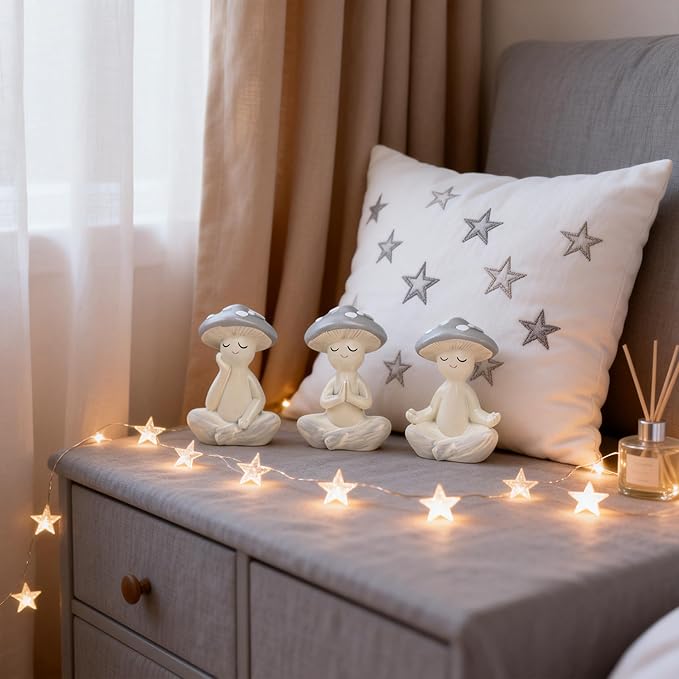 3 Pcs Mushroom Decor Figurines - Meditation Decor Statues for Living Room, Bedroom, Office - Resin Sculptures for Mindfulness Enthusiasts Home Decor Lovers Nature Lovers (Grayish White)