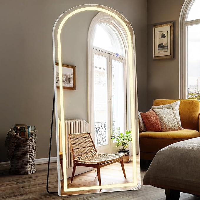 DUMOS Arched LED Full Length Floor Mirror, 26"x70" Full Body Standing Mirror with Lights, 3 Color Lighting, Hanging or Leaning, Wall Mounted, Modern Simple Home Wall Decor, White
