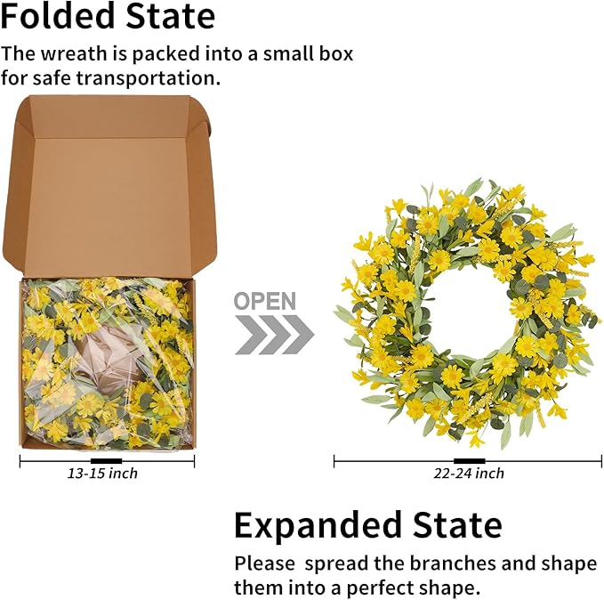 24 Inch Yellow Daisy Wreath, Artificial Spring Summer Wreath with Eucalyptus Leaves, Yellow Forsythia Flowers Front Door Wreath for Indoor Outdoor Home Farmhouse Wall Window Porch Decor