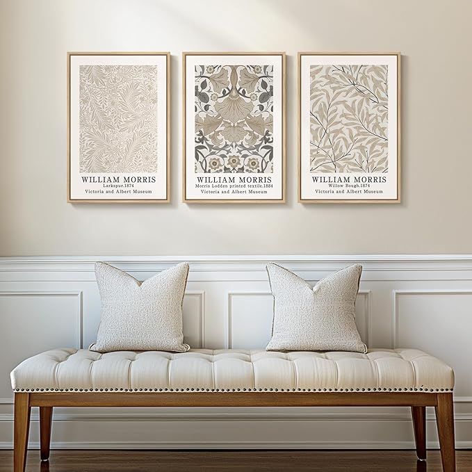 Framed Large William Morris Canvas Wall Art Set of 3, Vintage Neutral Botanical Floral Prints, Nature Artwork for Living Room, Bedroom, Hallway or Office Decor, 16x24 Inch
