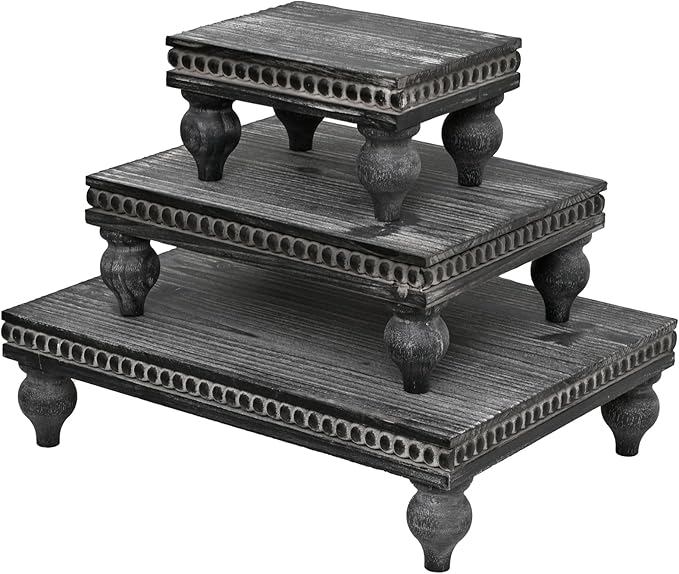Swallowliving 3 Pcs Set Farmhouse Wood Risers for Display Decorative, Rustic Shabby Chic Tiered Tray for Kitchen Counter, Coffee Bar Table, Dining Room, Wooden Rectangle Beaded Pedestal Stand for Food, Black