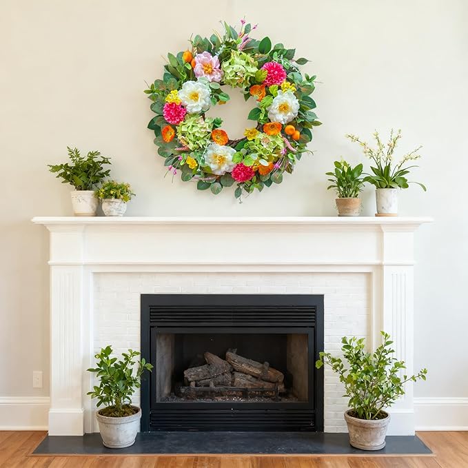 Pinkpuii 24 Inch Spring Wreaths for Front Door- Outdoor Spring Summer Flower Wreath with Vibrant Peony Hydrangea Flower, Green Eucalyptus Leaves and Orange Berry- Ideal for Porch,Mantel,Home Wall