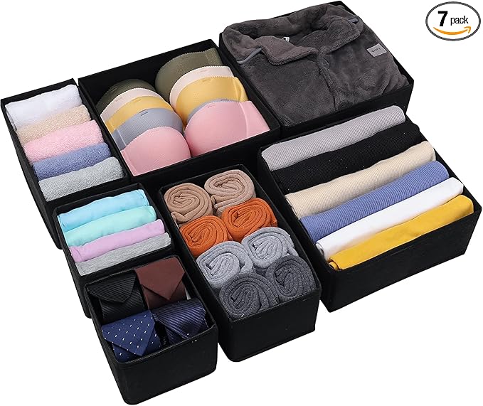 Pomety Foldable Drawer Underwear Drawer Organizer Foldable Dresser Clothes Storage Box Dresser Drawer Divider Organizers Bins for Clothes, Underwear,Socks, 7 Pack （Black）