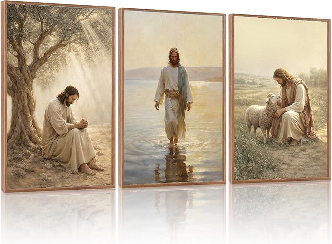 KAlRNE Vintage Christian Framed Canvas Wall Art Set of 3(24”X36”),Jesus Bible Story Wall Decor,Spiritual Religious God Painting,Neutral Inspirational Beige Art Prints For Living Room Bedroom Church